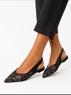 A New Day Black Lace Pointed Toe Slingback Flats Women’s Size 10 Bow